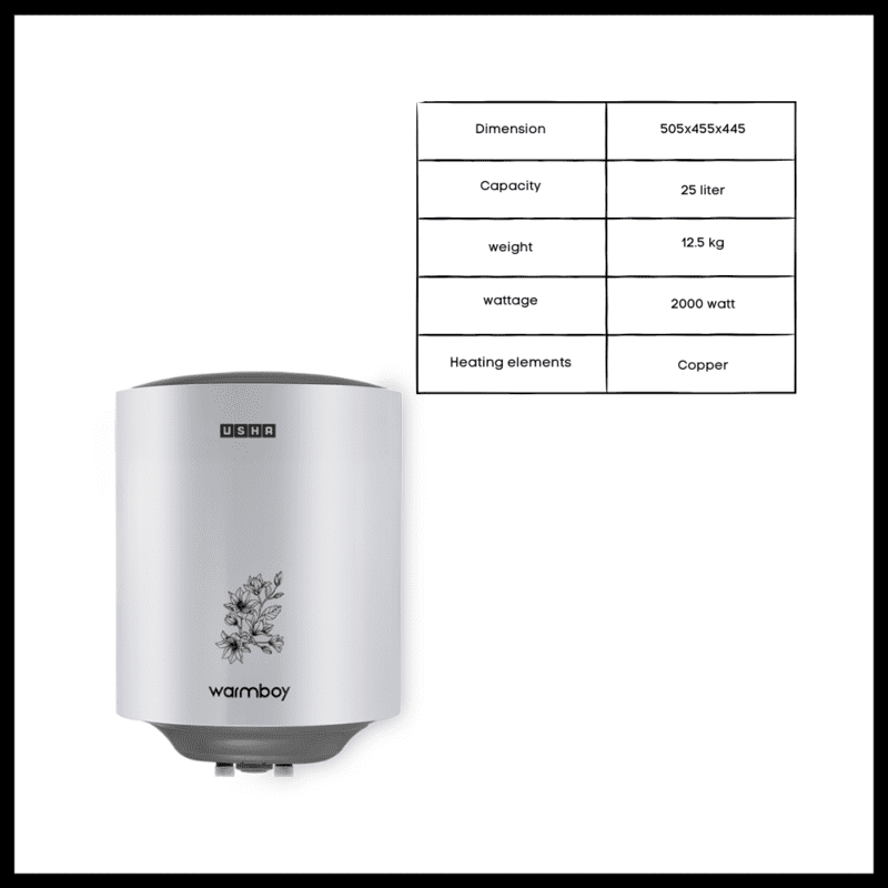 Specification of Usha 25 liter Water Heater-warmboy