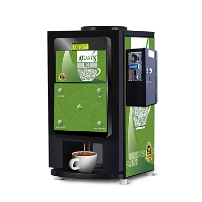 A person inserting a coin into the Atlantis Neo Coin Operated 4-Lane to get a hot coffee.