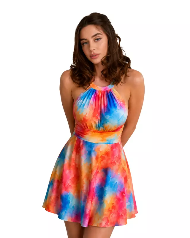 Women's Watercolor Print Halter Swim Dress