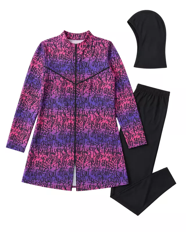 Women's Modest Burkini Swim Set – Pink & Purple Graffiti Print