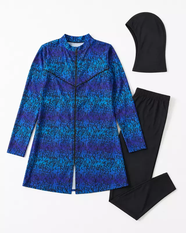 Women's Modest Burkini Set – Blue Graffiti Print Long Sleeve Swimwear with Hijab