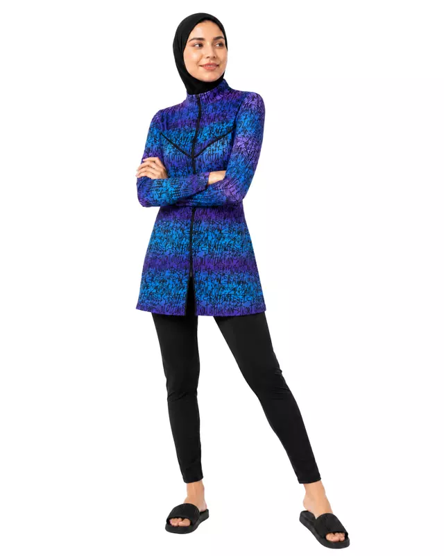 Women's Modest Burkini Set – Blue Graffiti Print Long Sleeve Swimwear with Hijab