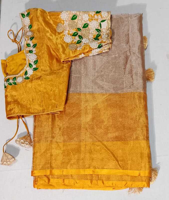 J120: Ready To Ship Beautiful Uppada Tissue Saree With Stitched Embroidery Work Blouse J120: Ready To Ship Beautiful Uppada Tissue Saree With Stitched Embroidery Work Blouse