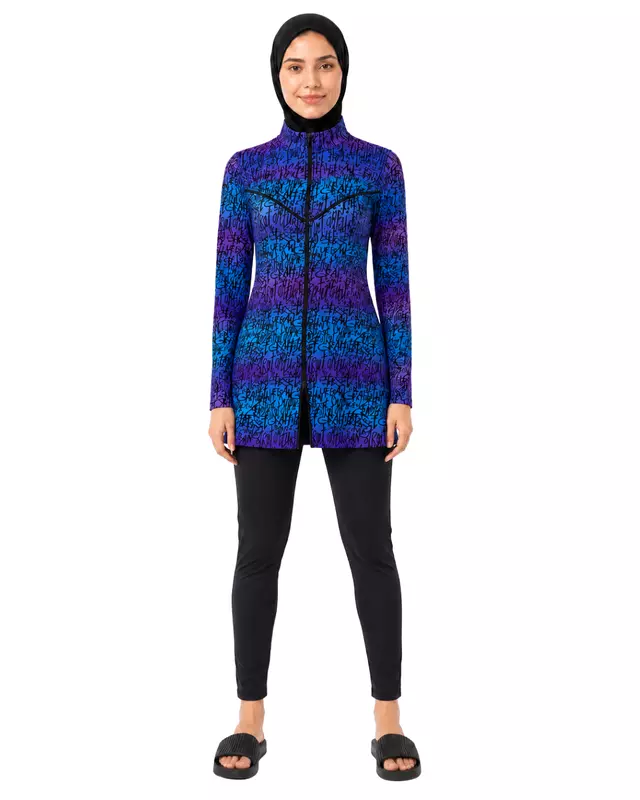 Women's Modest Burkini Set – Blue Graffiti Print Long Sleeve Swimwear with Hijab