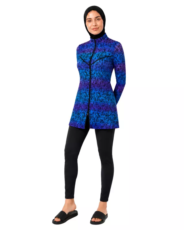 Women's Modest Burkini Set – Blue Graffiti Print Long Sleeve Swimwear with Hijab