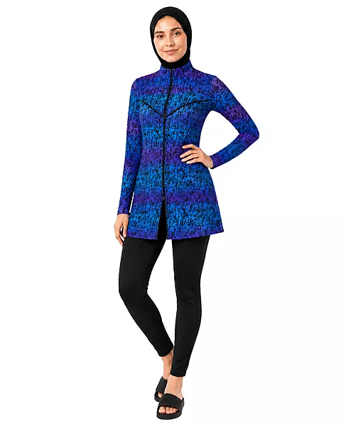 Women's Modest Burkini Set – Blue Graffiti Print Long Sleeve Swimwear with Hijab
