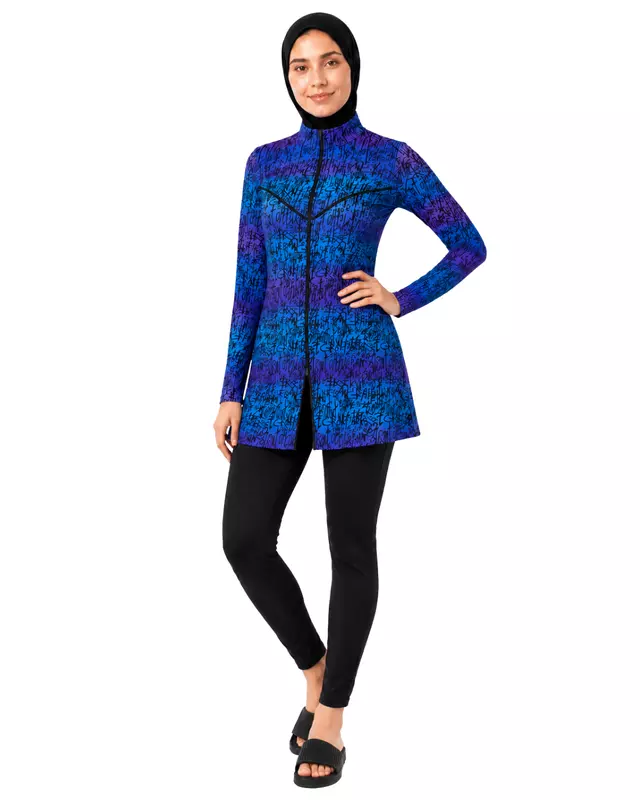 Women's Modest Burkini Set – Blue Graffiti Print Long Sleeve Swimwear with Hijab