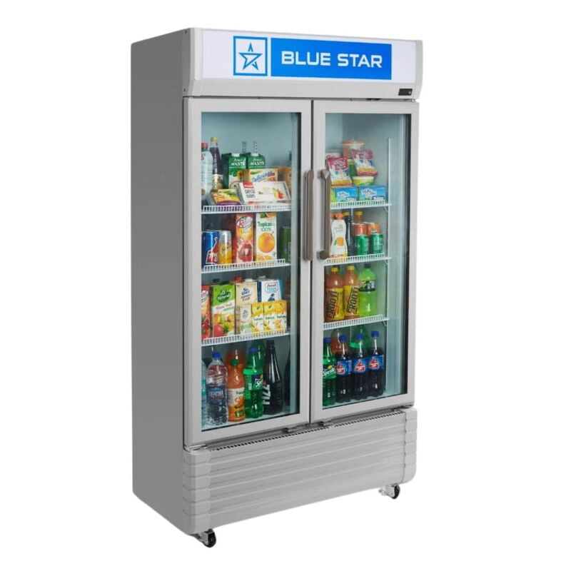 Side view of a Blue Star VC590D Visi Cooler filled with beverages.