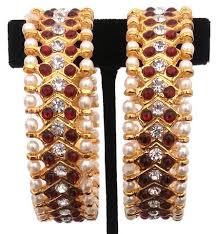 Temple Jewellery Brass Bangles – Gold Plated with Red Kempstones & White Stones - Bridal & Bharatanatyam