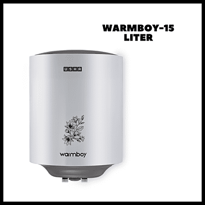 Usha Warmboy 15-liter storage water heater in a clean white finish. Usha Warmboy 15-liter storage water heater in a clean white finish.