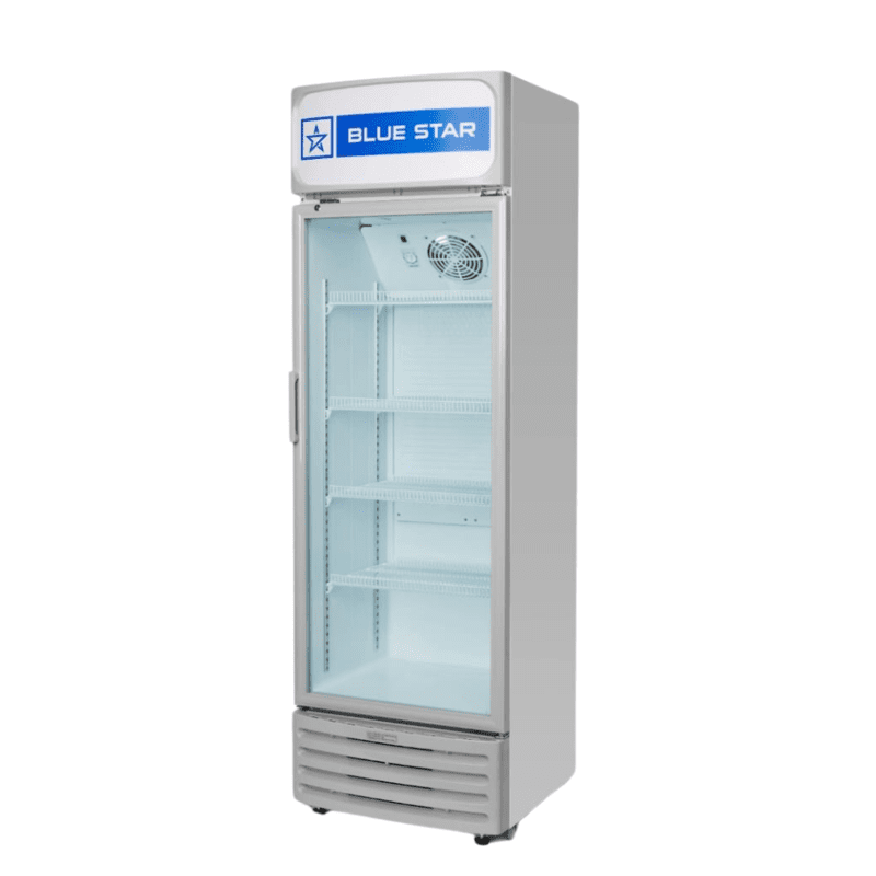 Blue Star 385L glass door fridge displaying beverages.