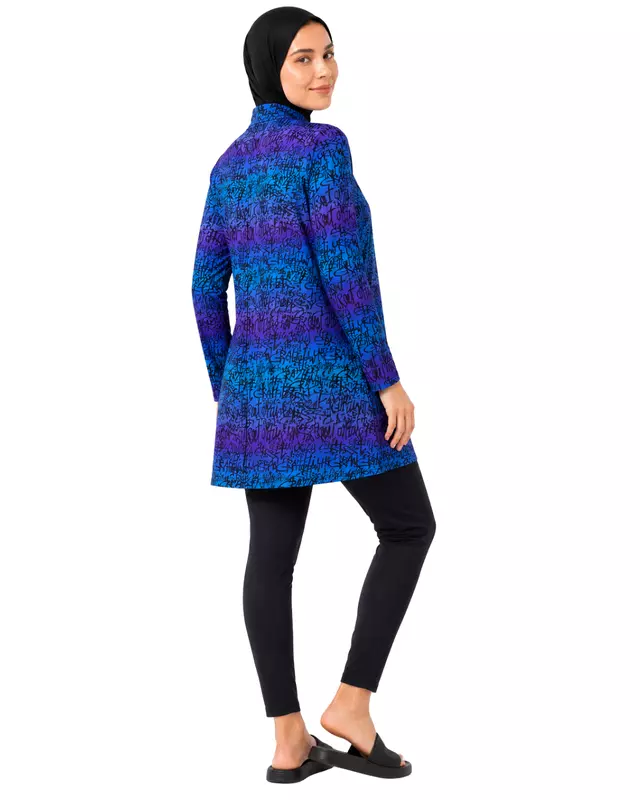 Women's Modest Burkini Set – Blue Graffiti Print Long Sleeve Swimwear with Hijab