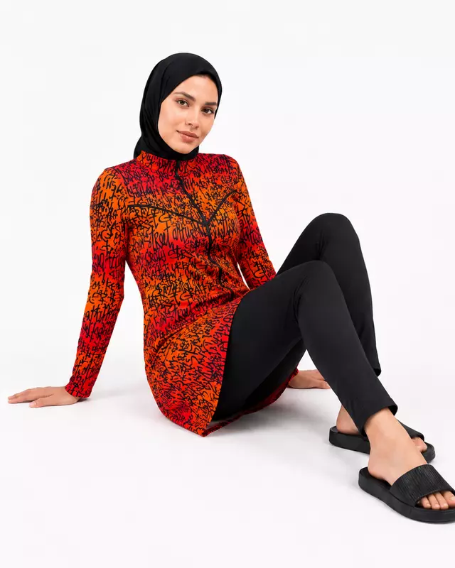 Women's Modest Burkini Swim Set – Red & Orange Graffiti Print