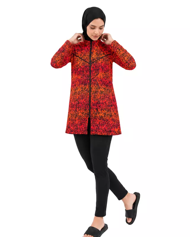 Women's Modest Burkini Swim Set – Red & Orange Graffiti Print