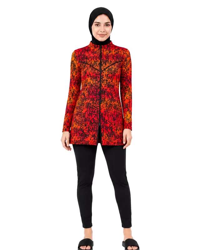 Women's Modest Burkini Swim Set – Red & Orange Graffiti Print