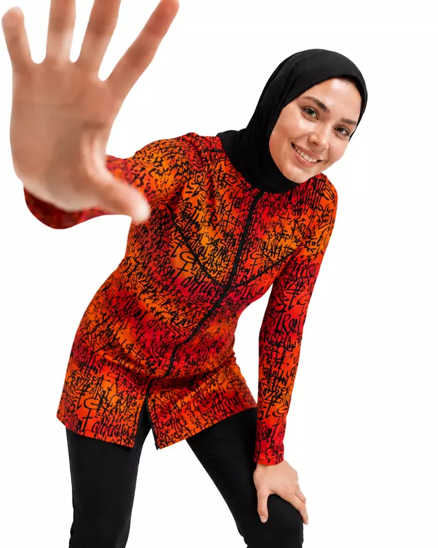 Women's Modest Burkini Swim Set – Red & Orange Graffiti Print