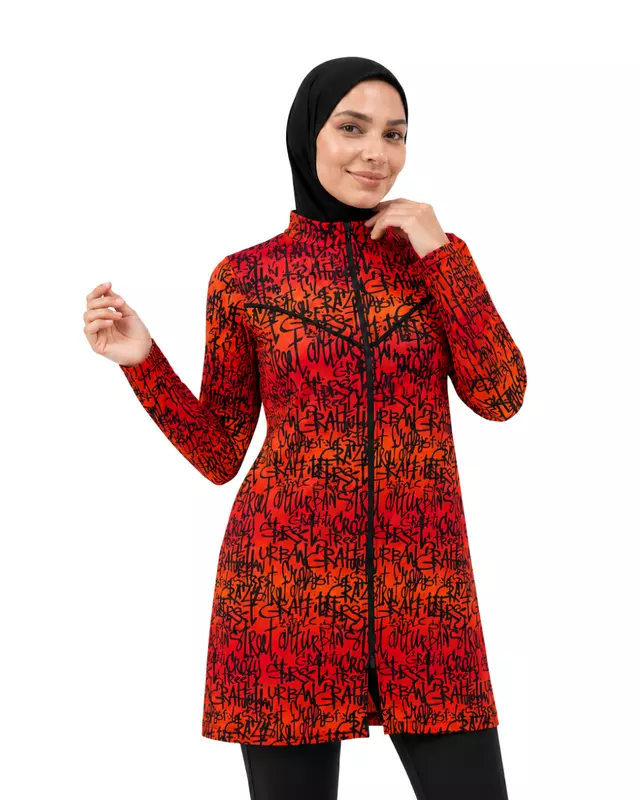 Women's Modest Burkini Swim Set – Red & Orange Graffiti Print