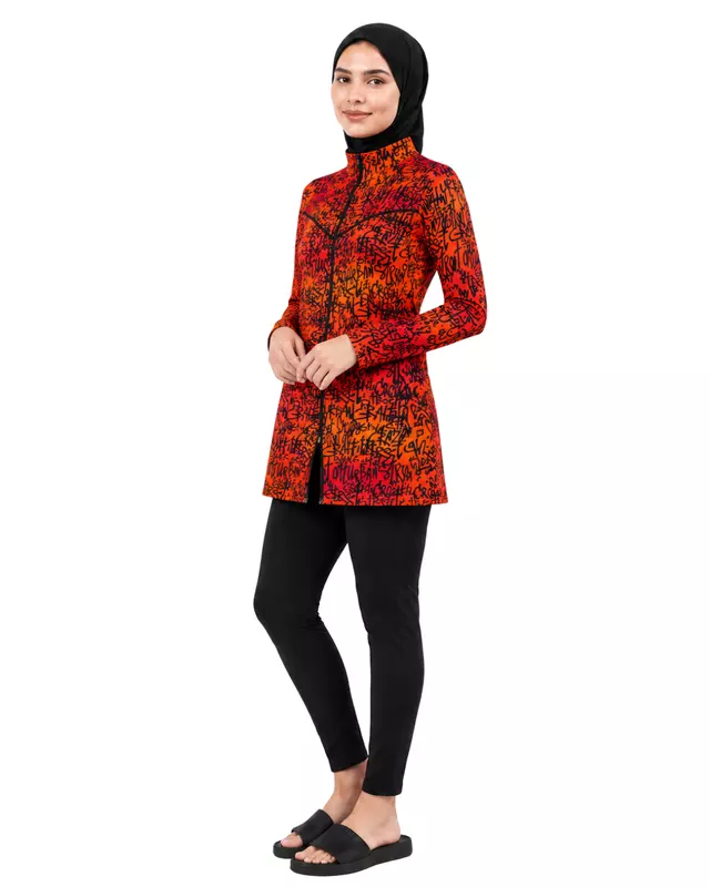 Women's Modest Burkini Swim Set – Red & Orange Graffiti Print
