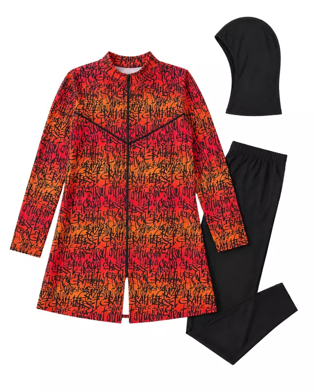 Women's Modest Burkini Swim Set – Red & Orange Graffiti Print
