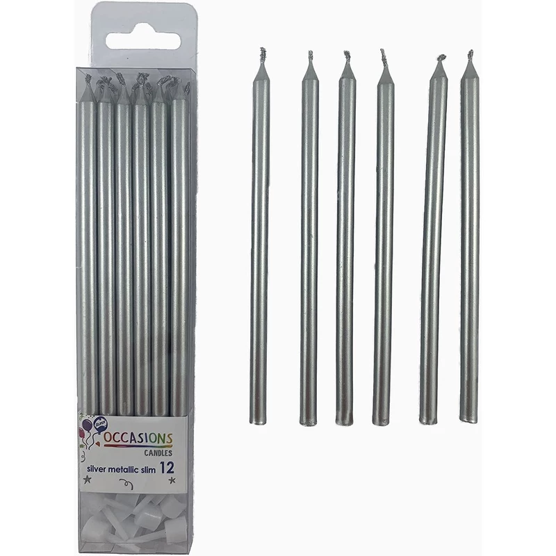 Alpen Occasions Slim Candles With Holders 120mm Silver Pack  Of 12