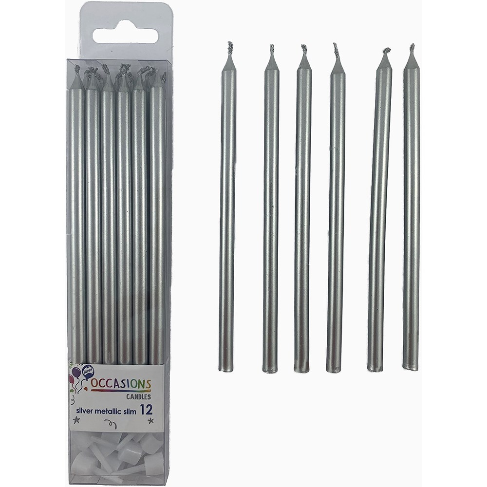 Alpen Occasions Slim Candles With Holders 120mm Silver Pack  Of 12