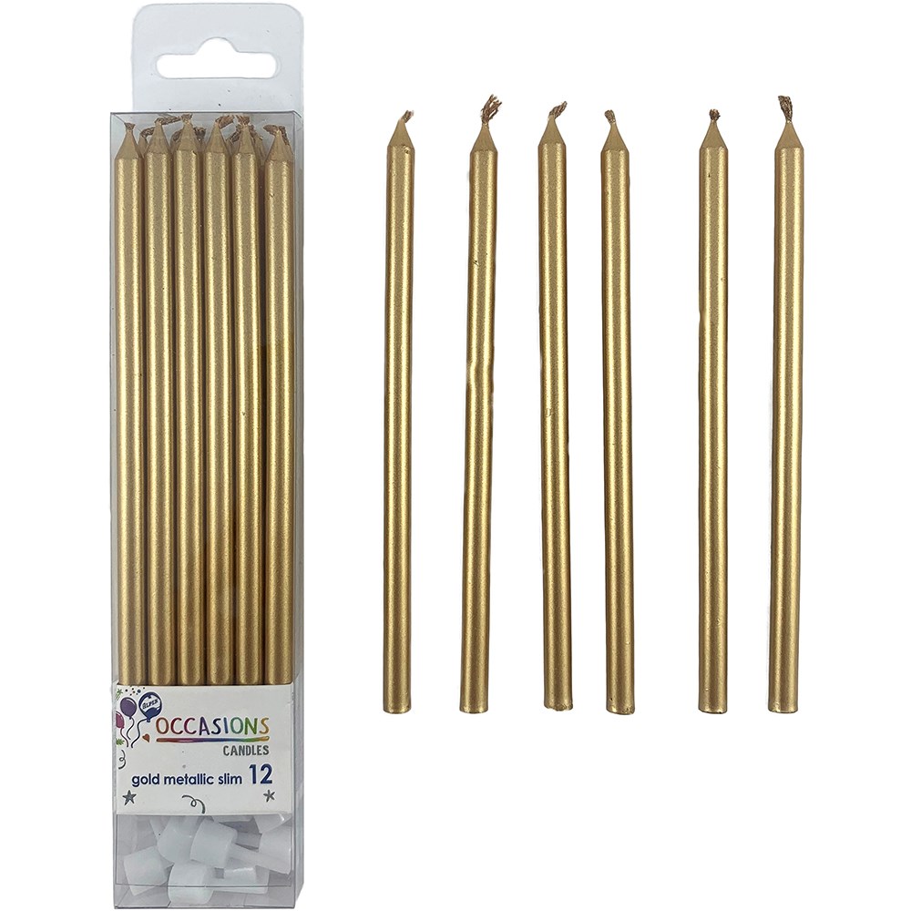 Alpen Occasions Slim Candles With Holders 120mm Gold Pack  Of 12