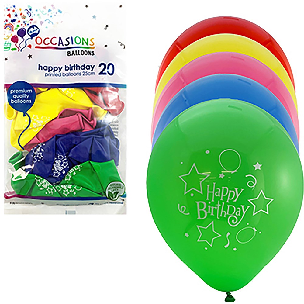 Alpen Occasions Printed Happy Birthday Balloons 25cm Assorted Colours Pack  Of 20