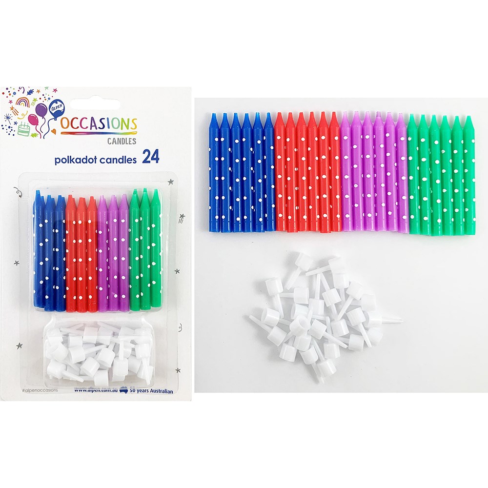 Alpen Occasions Birthday Candles With Holders Polka Dot Assorted Colours Pack  Of 24