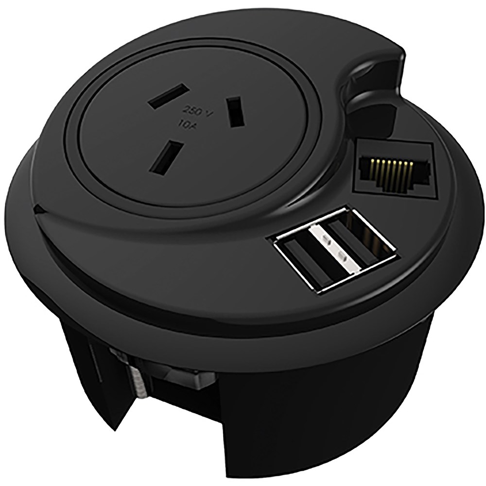 Rapidline In Desk Module Kit 1 GPO + 1 Data Provision + 2  USB 1500mm Lead Black