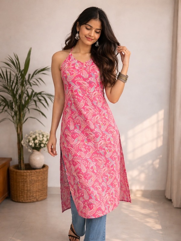 Pink Paisley Print chikanakri cotton kurti