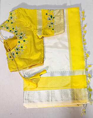E14:Ready To Ship Beautiful Mangalagiri Saree With Stitched Emboridery Work Blouse