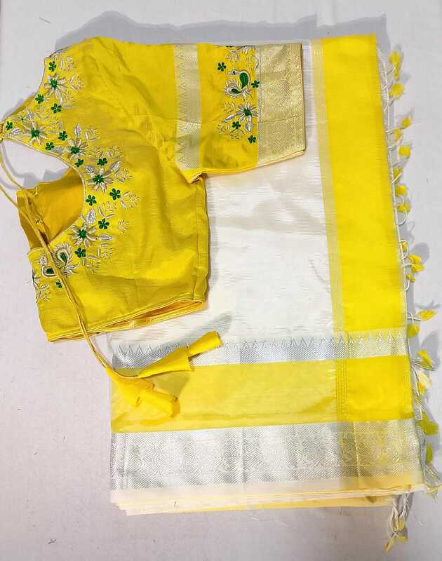 E14:Ready To Ship Beautiful Mangalagiri Saree With Stitched Emboridery Work Blouse