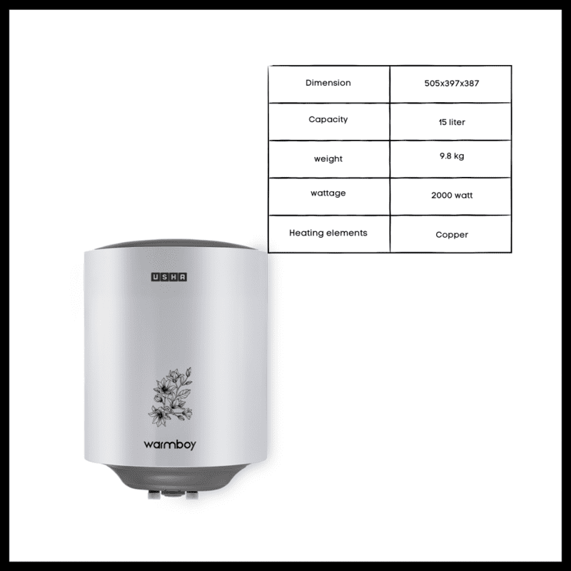 Specification of Usha 15 liter Water Heater-warmboy