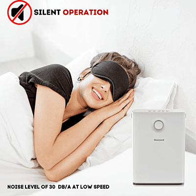 A person sleeping peacefully with the Honeywell Air Touch V3 running silently in Sleep Mode. A person sleeping peacefully with the Honeywell Air Touch V3 running silently in Sleep Mode.
