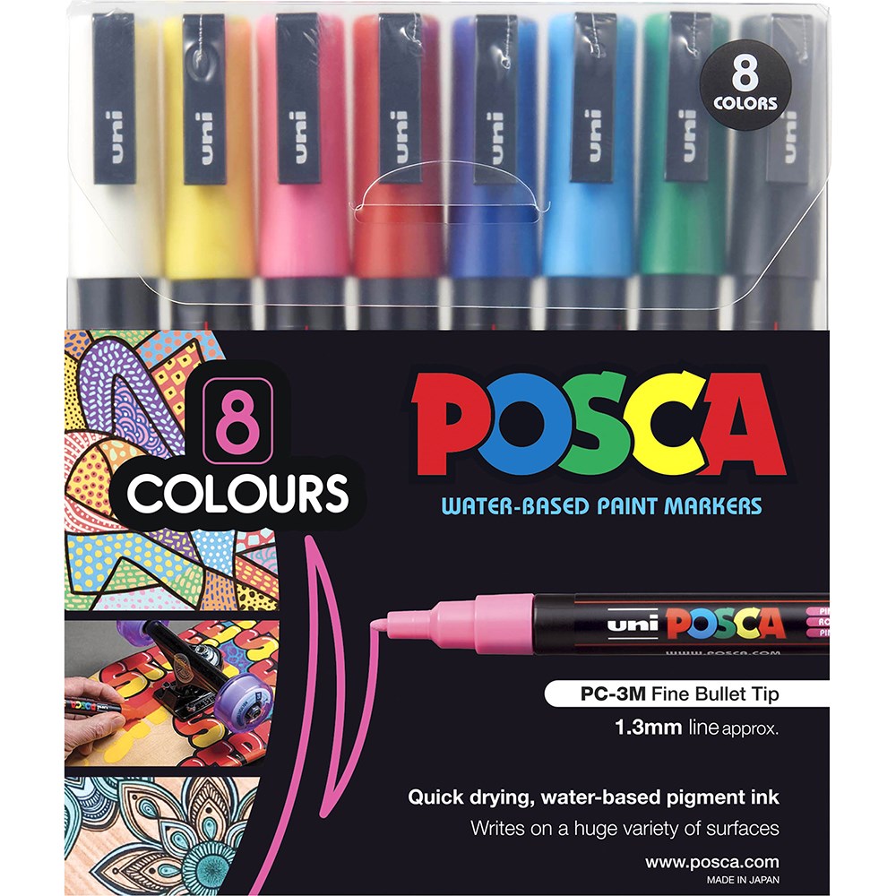 Uni Posca PC-3M Paint Marker  Fine 1.3mm Bullet Tip Assorted Colours Wallet Of 8
