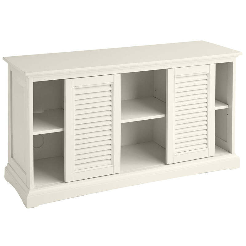 White Louvered Sliding Door TV Console | Coastal Entertainment Unit White Louvered Sliding Door TV Console | Coastal Entertainment Unit