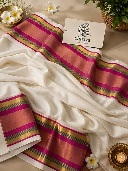 white Mulcotton saree with a vibrant pink and gold Kanchi border.