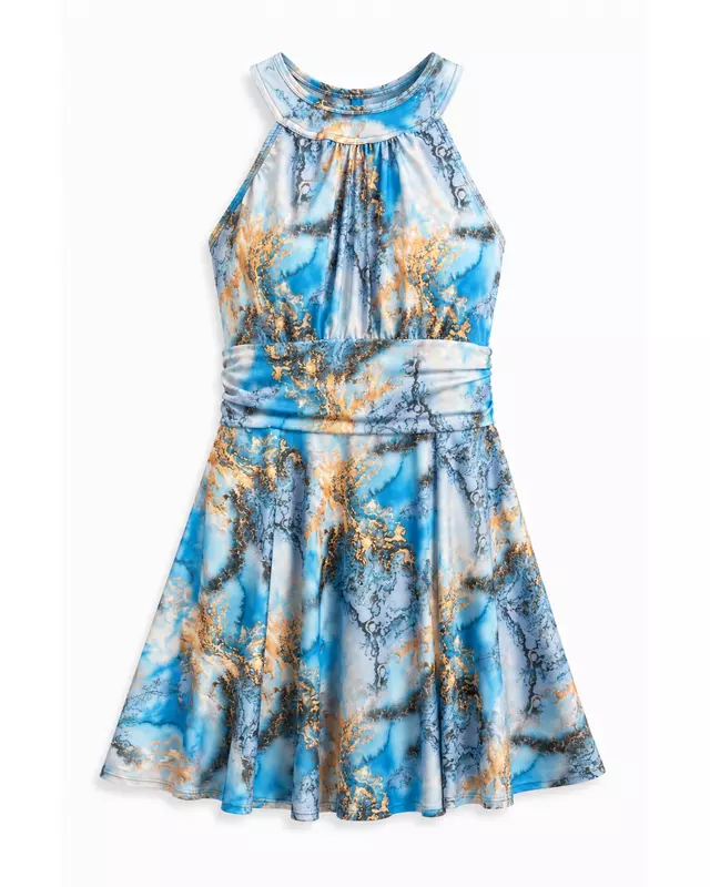 Sky Blue Marble Swim Dress l فستان سباحة بنقشة رخامية باللون الأزرق السماوي