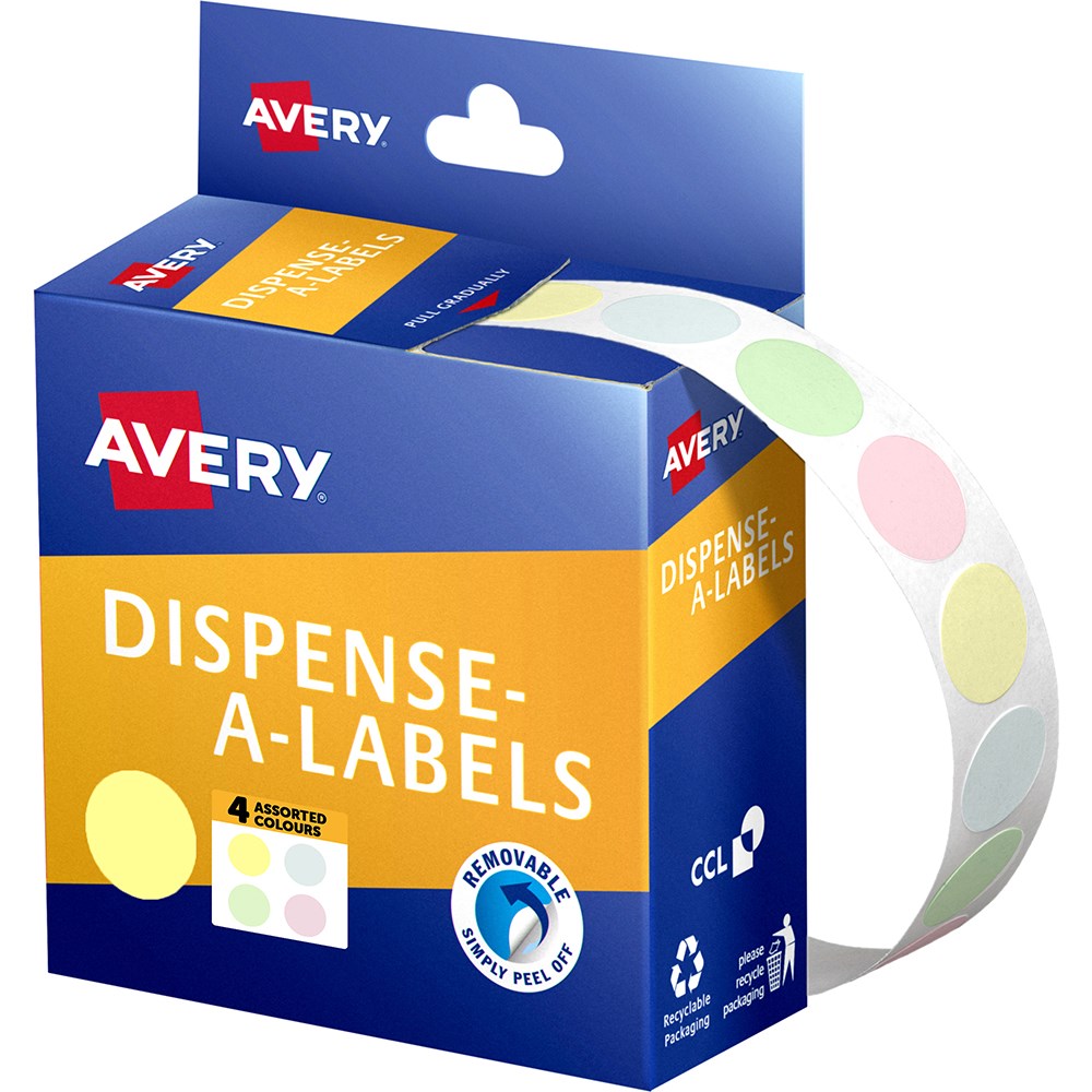 Avery Removable Dispenser Labels 14mm Round Assorted Pastel Box  of 600
