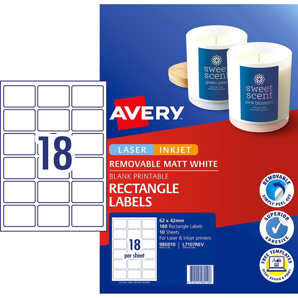 Avery Removable Labels L7107 REV 62x42mm Rectangle Matte White 18UP 180 Labels 10 Sheet