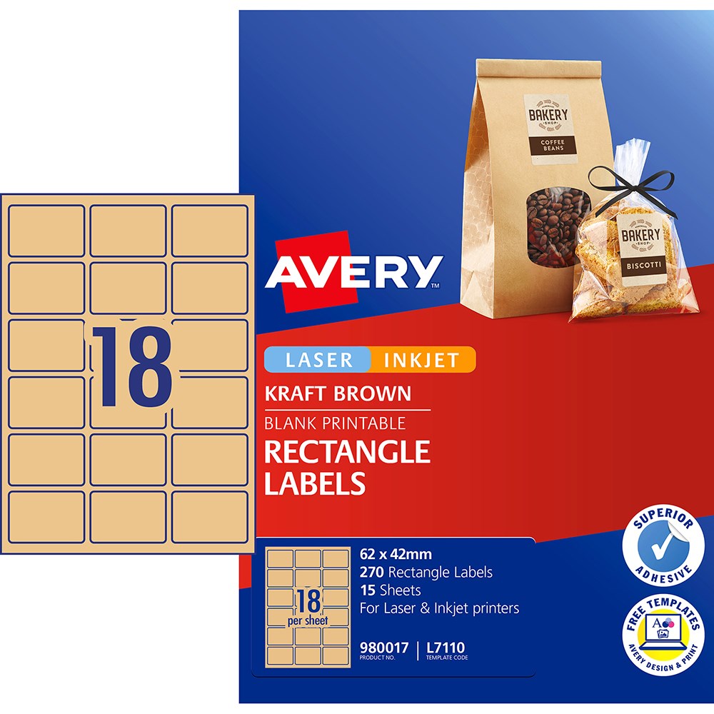 Avery Blank Printable Labels L7110 62x42mm Rectangle Kraft Brown 18UP 270 Labels 15 Sheet