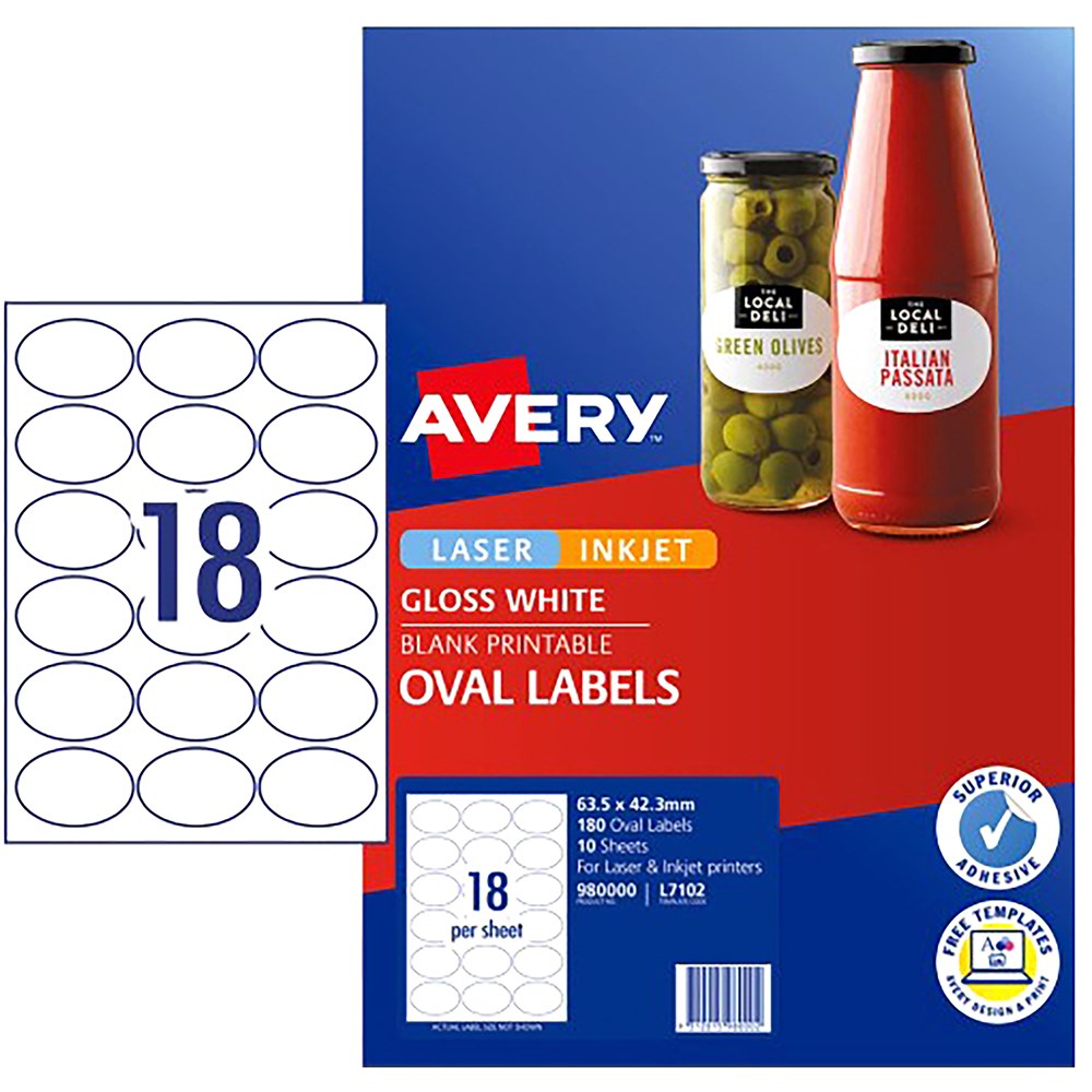 Avery Blank Printable Labels L7102 63.5x42.3mm Oval Gloss White 18UP 180 Labels 10 Sheet