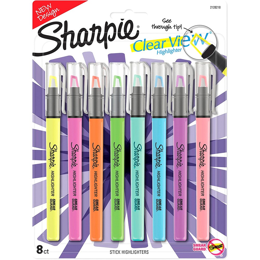 Sharpie Clear View Stick Highlighter Marker See Through Chisel Tip Assorted Pack  of 8