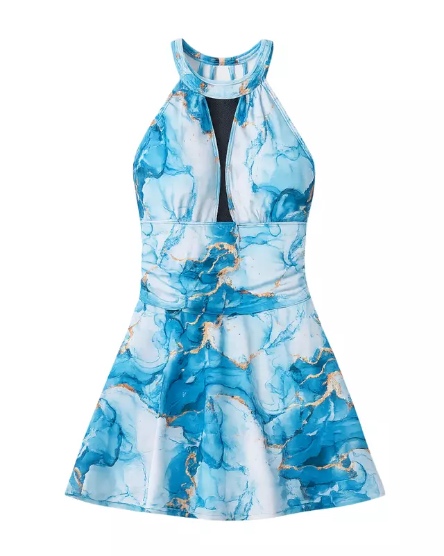 Blue Marble Halter Swim Dress l فستان سباحة هالتر بنقشة الرخام الأزرق