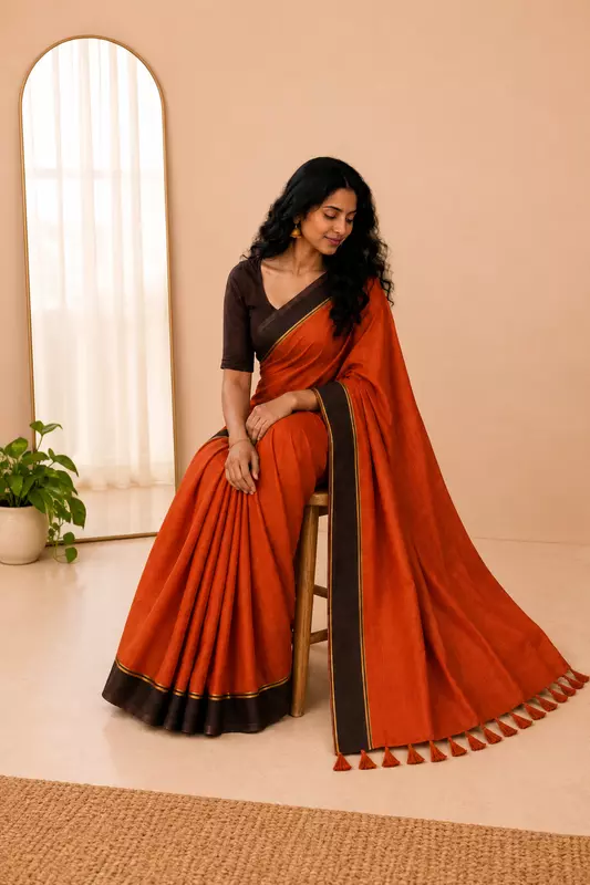 Mul cotton without blouse orange with brown