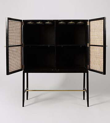 Black Cane & Wood Bar Cabinet | Rattan Drinks Cabinet with Glass Holders