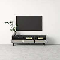 Black Rattan TV Stand with Open Shelves - Modern Boho Media Console Black Rattan TV Stand with Open Shelves - Modern Boho Media Console