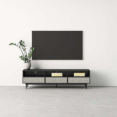Black Rattan TV Stand with Open Shelves - Modern Boho Media Console