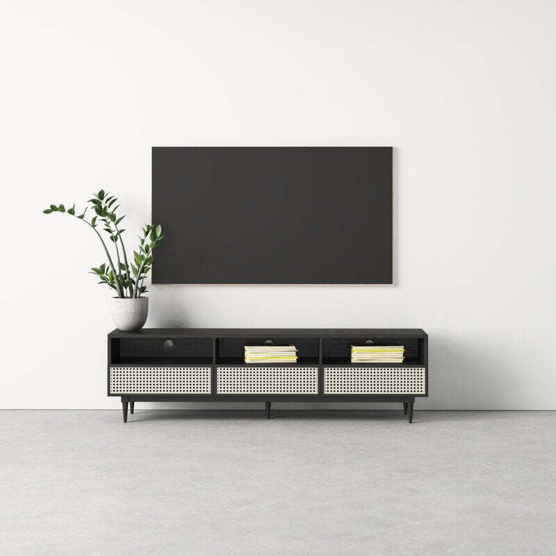 Black Rattan TV Stand with Open Shelves - Modern Boho Media Console Black Rattan TV Stand with Open Shelves - Modern Boho Media Console