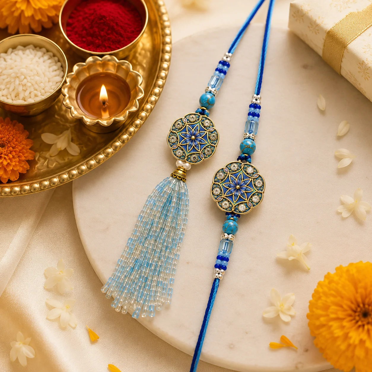 Designer Bhaiya Bhabhi Rakhi Set with Lumba Tassel | Premium Raksha Bandhan Rakhi